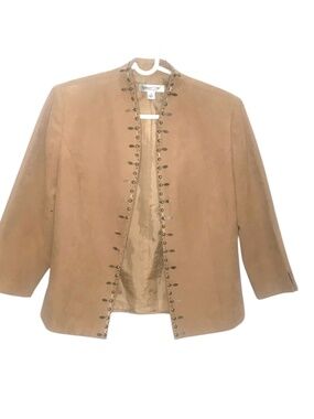 Tan Faux Suede Jacket Size 8 Beaded Trim Open Front Boho Western Medium